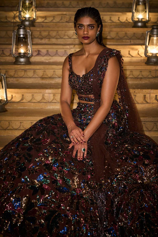 SEEMA GUJRAL Brown Net Embroidered Lehenga Set - Image 8