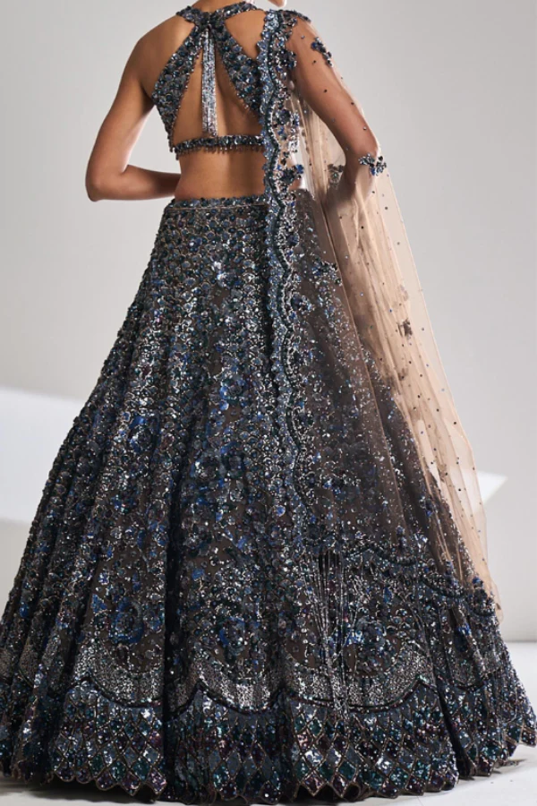 Seema Gujral Brown Net Embroidery Sequin Leaf Neck Bridal Lehenga Set - Image 2