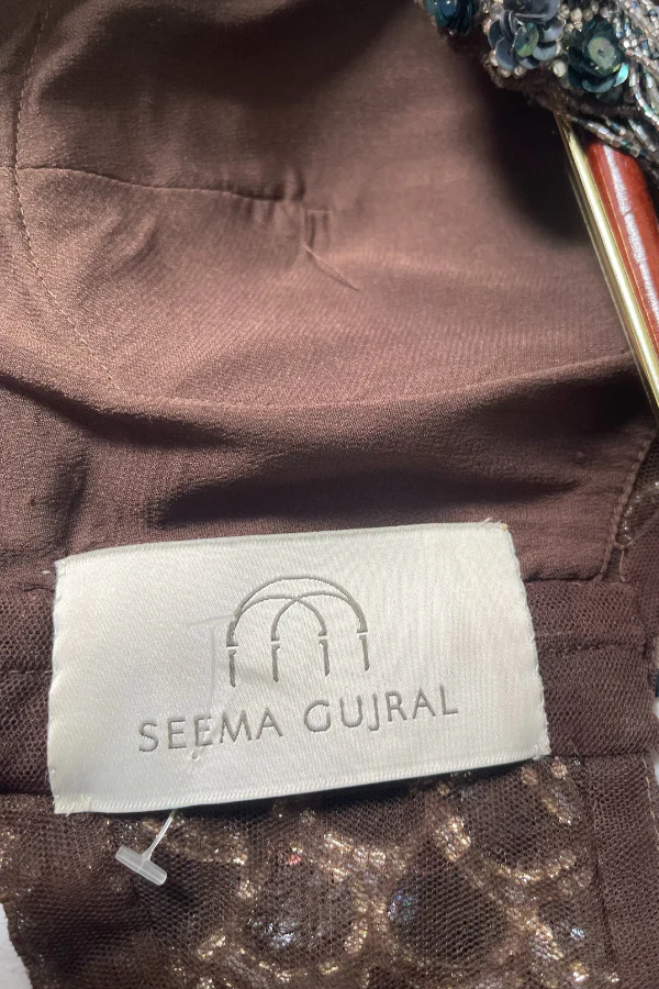 Seema Gujral Brown Net Embroidery Sequin Leaf Neck Bridal Lehenga Set - Image 4