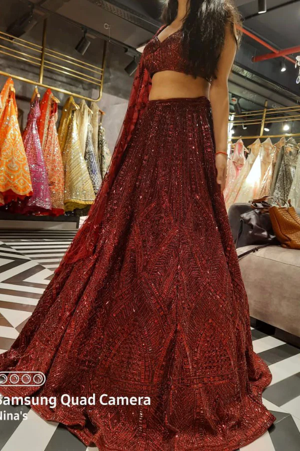 SEEMA GUJRAL Deep Maroon Sequins Embroidered Lehenga Set - Image 2