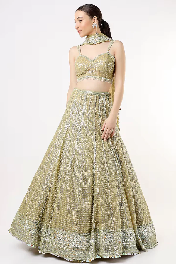 SEEMA GUJRAL Lime Net Embroidered Lehenga Set