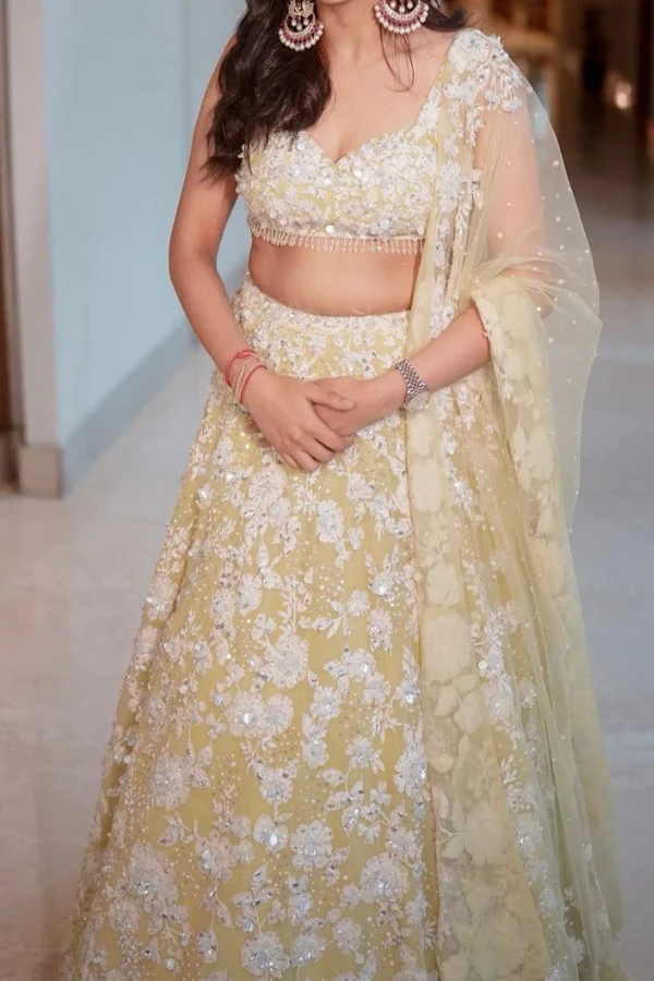 Seema Gujral Lime Yellow Floral Lehenga Set - Image 2