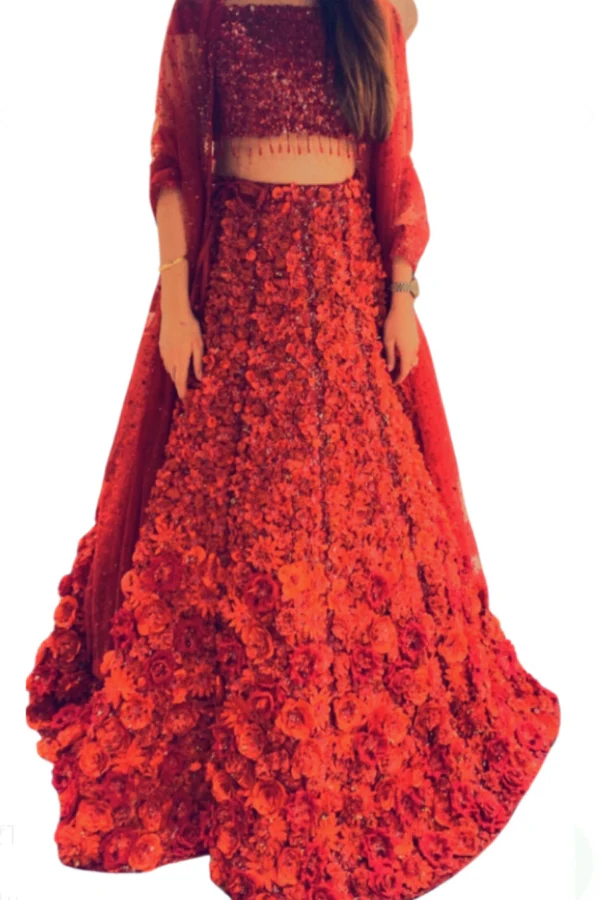 Seema gujral red 3D floral lehenga - Image 3