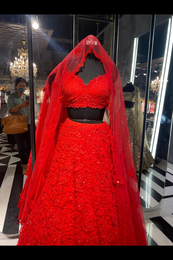 Seema Gujral red lehenga with 3D work - Image 3