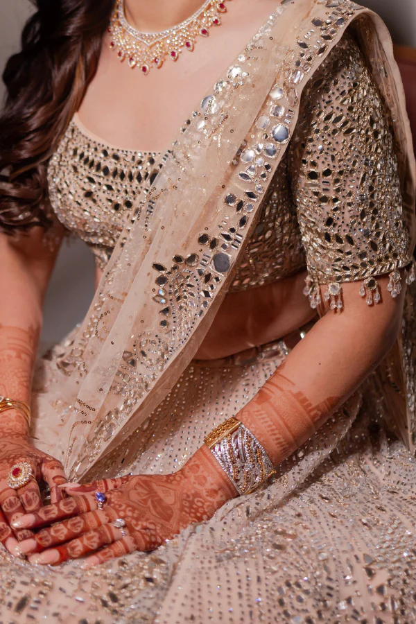 Seema Gujral Rose Gold Mirror Work Lehenga Set - Image 4