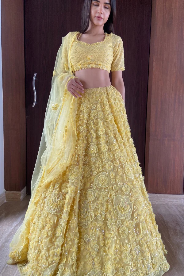 Seema Gujral Three-Dimensional Yellow Floral Lehenga Set - Image 2
