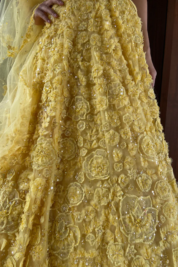 Seema Gujral Three-Dimensional Yellow Floral Lehenga Set - Image 3