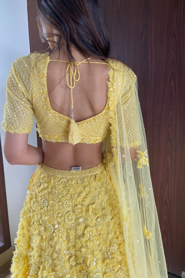 Seema Gujral Three-Dimensional Yellow Floral Lehenga Set - Image 4