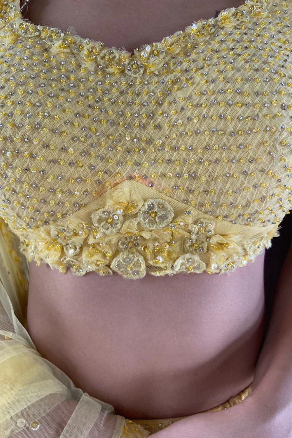 Seema Gujral Three-Dimensional Yellow Floral Lehenga Set - Image 5