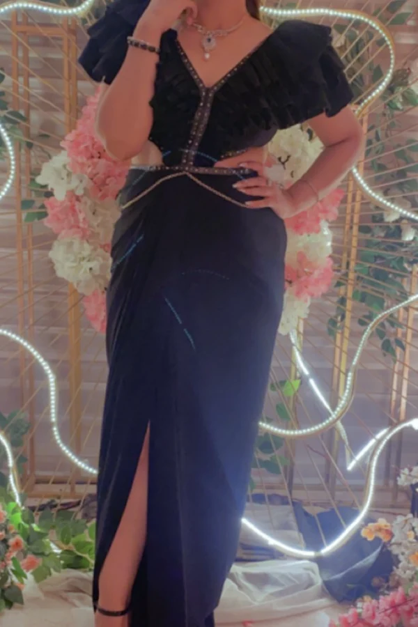 Shantanu and Nikhil Black Flounced Gown with Slit - Image 3