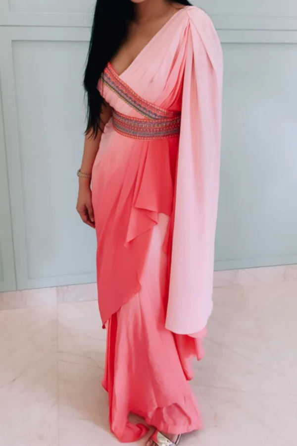Shantanu & Nikhil Rose Pink Gown with Saree Drape