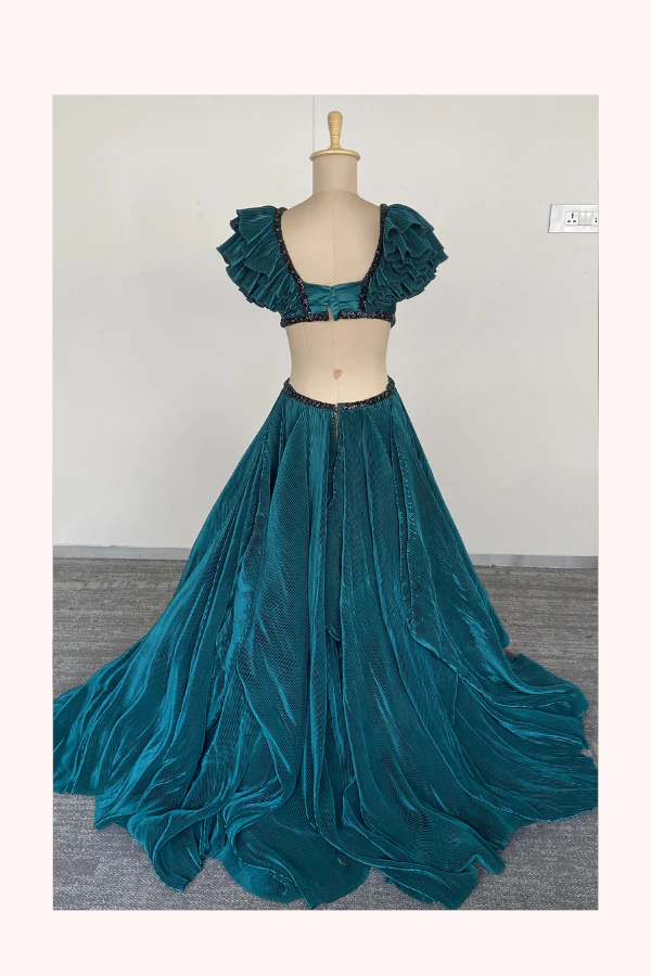 Shantanu & Nikhil Teal Ruffled Evening Gown - Image 2