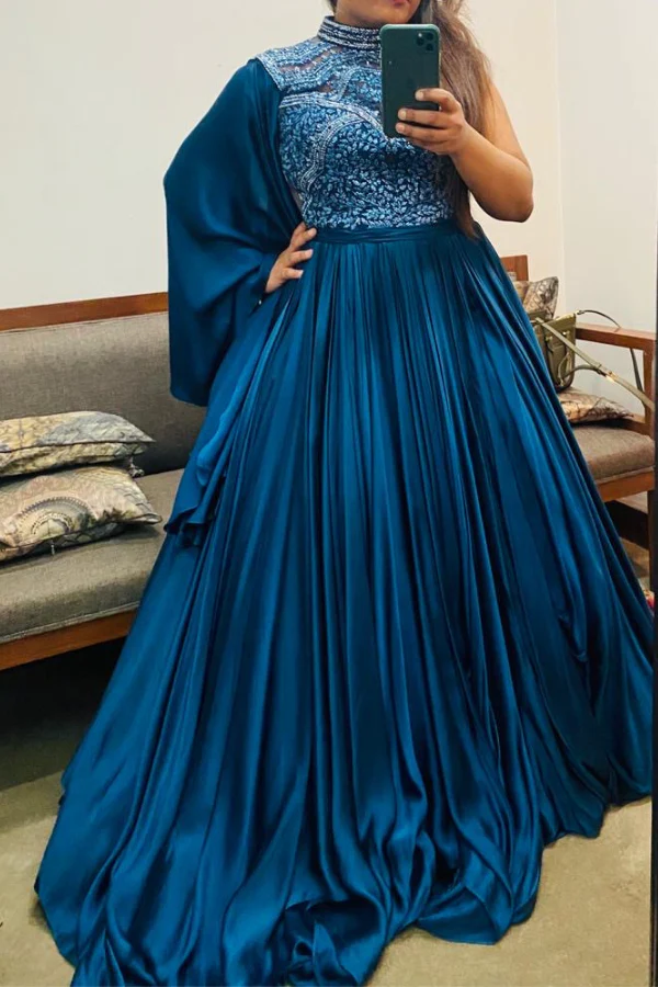 Shantnu Nikhil Blue Satin Embroidered Gown - Image 2