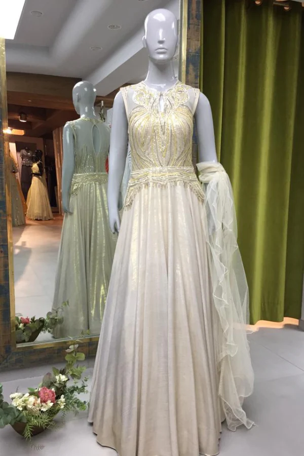 Shimmer ivory and gold anarkali gown