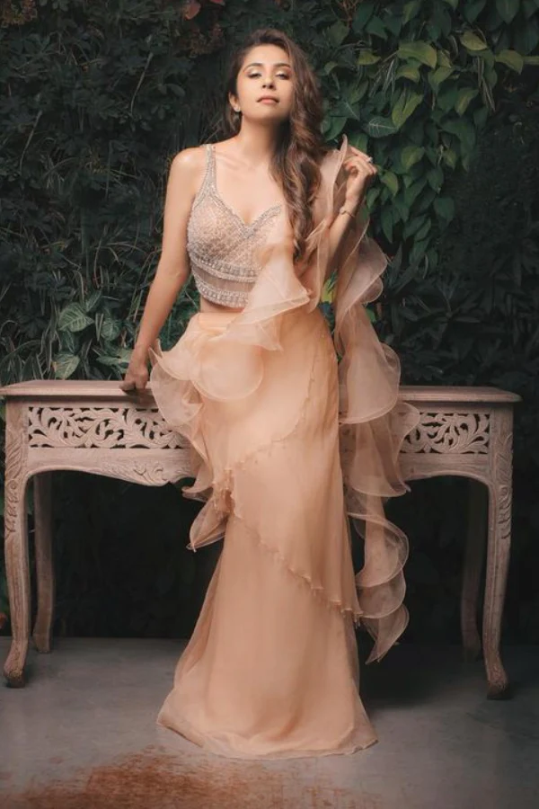 SONAAKSHI RAAJ Nude Embroidered Ruffle Skirt Saree with Blouse