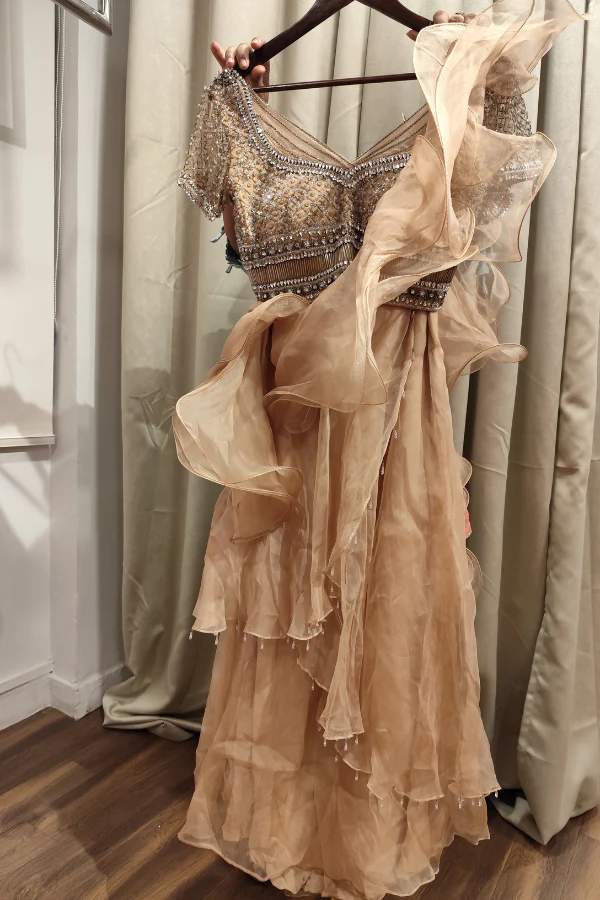 SONAAKSHI RAAJ Nude Embroidered Ruffle Skirt Saree with Blouse - Image 2