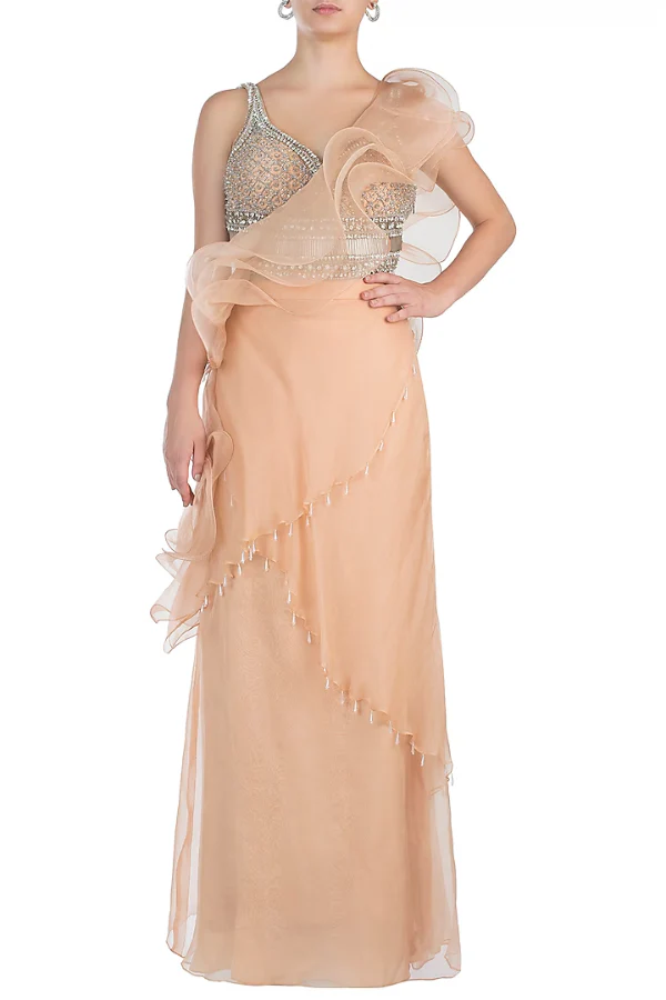 SONAAKSHI RAAJ Nude Embroidered Ruffle Skirt Saree with Blouse - Image 3