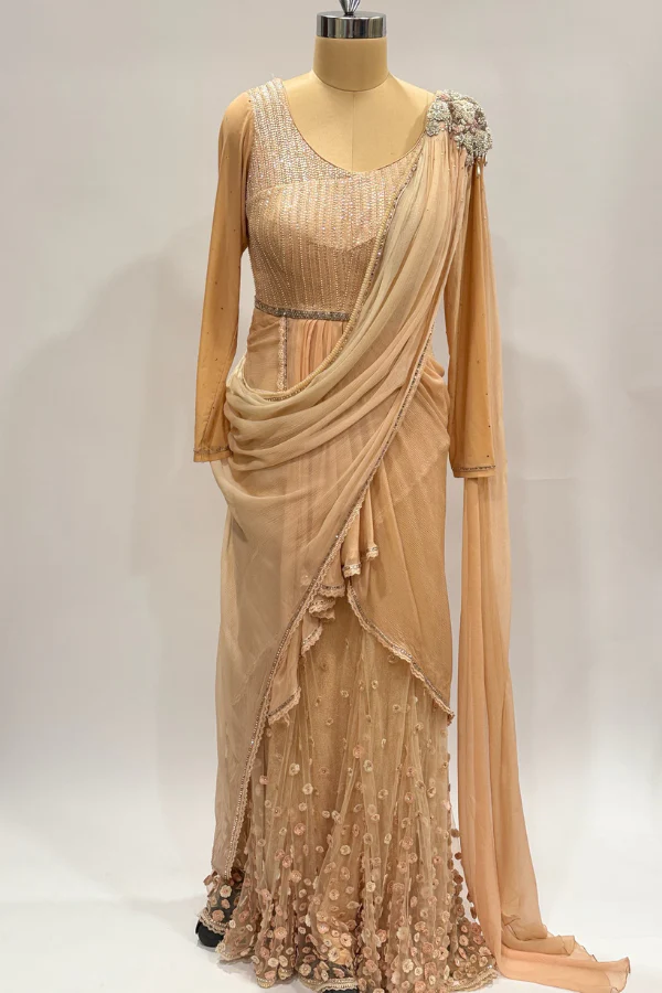 Tarun Tahiliani Peach Embellished Draped Gown - Image 3