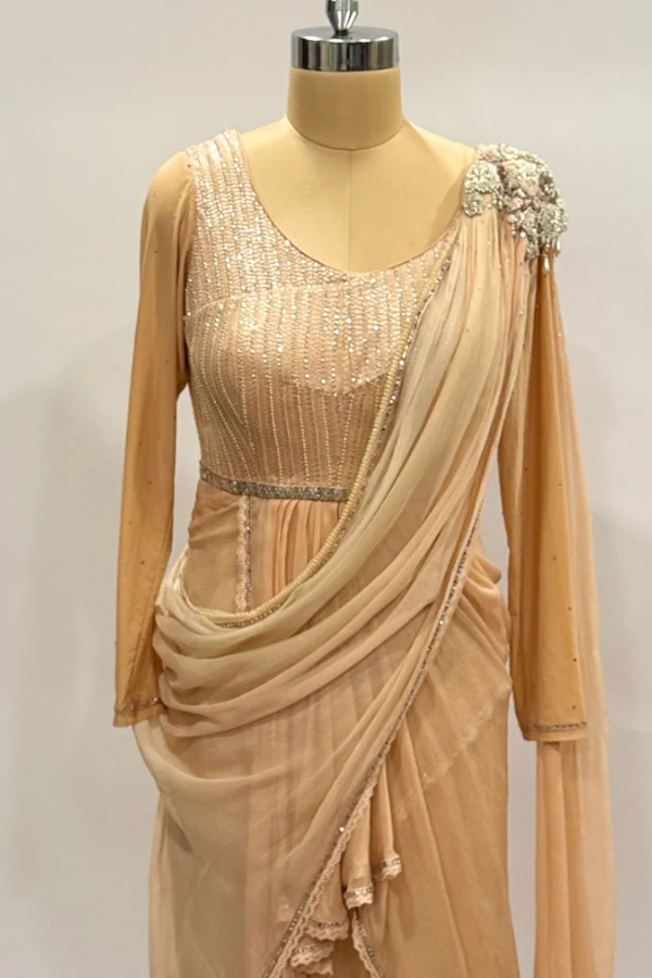 Tarun Tahiliani Peach Embellished Draped Gown - Image 4