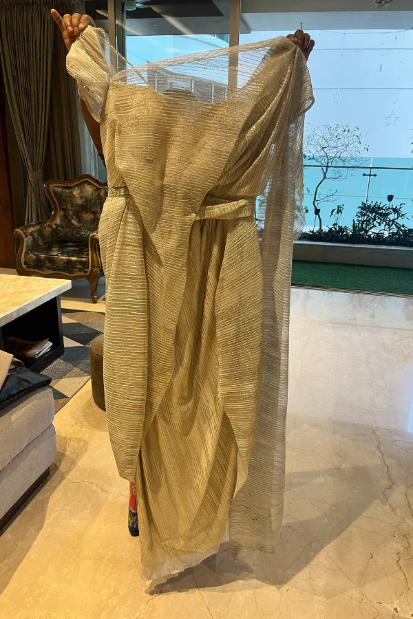 Tarun Tahiliani Ivory pre-draped saree gown