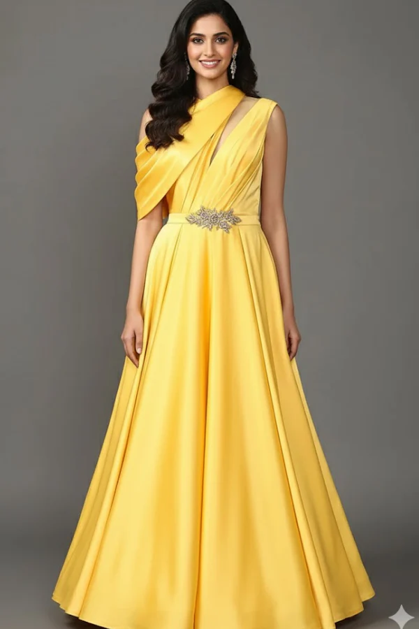 Tarun Tahiliani Yellow Embroidered Draped Gown - Image 2