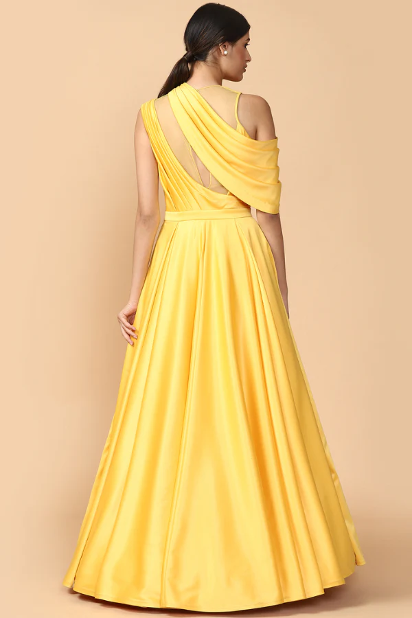 Tarun Tahiliani Yellow Embroidered Draped Gown - Image 3