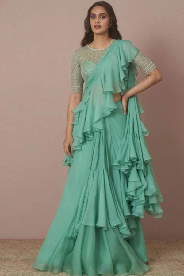 Teal green Ruffle Saree set