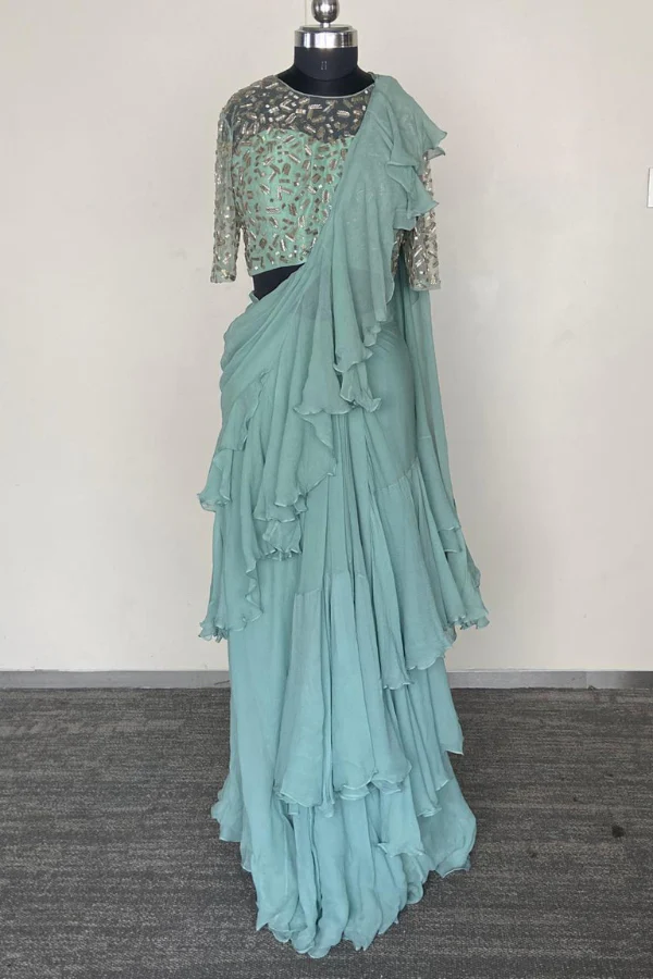 Teal green Ruffle Saree set - Image 2
