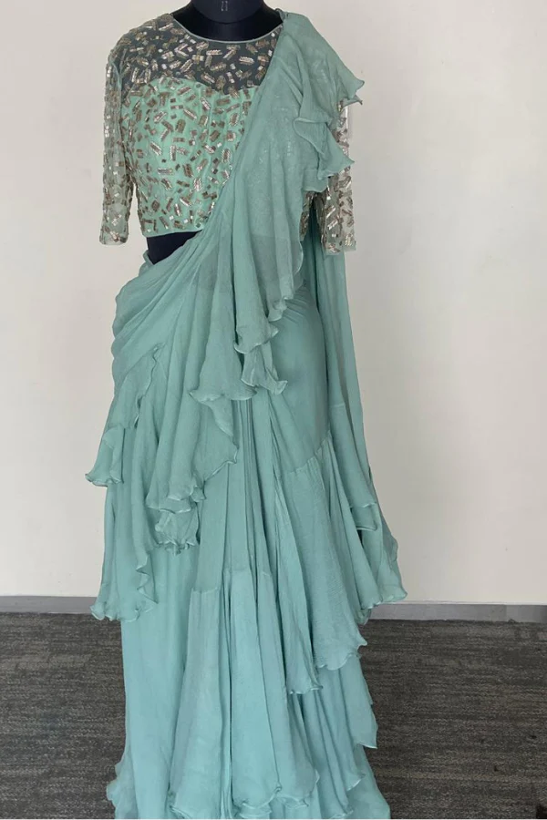 Teal green Ruffle Saree set - Image 3