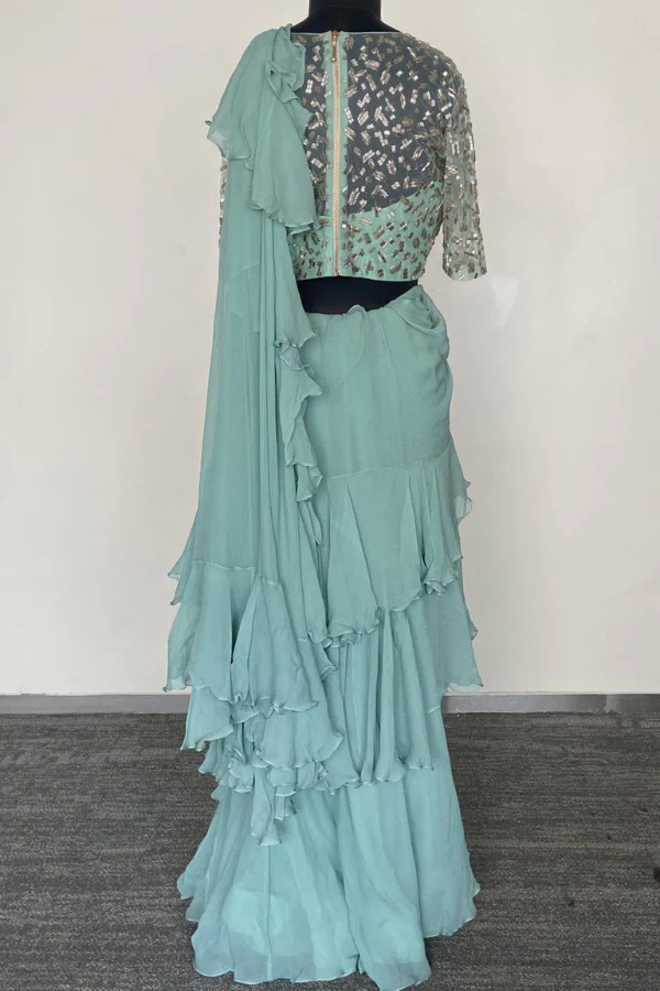 Teal green Ruffle Saree set - Image 5