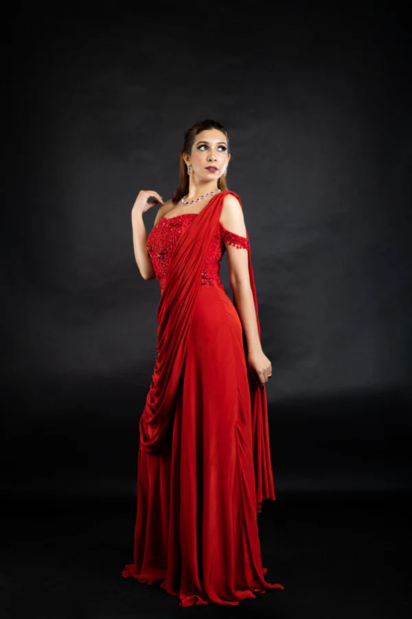 TOMATO RED SAREE DRAPED GOWN
