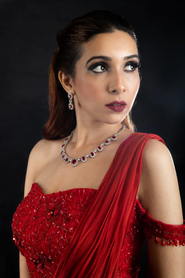 TOMATO RED SAREE DRAPED GOWN - Image 2