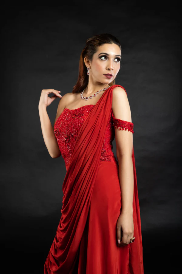 TOMATO RED SAREE DRAPED GOWN - Image 3