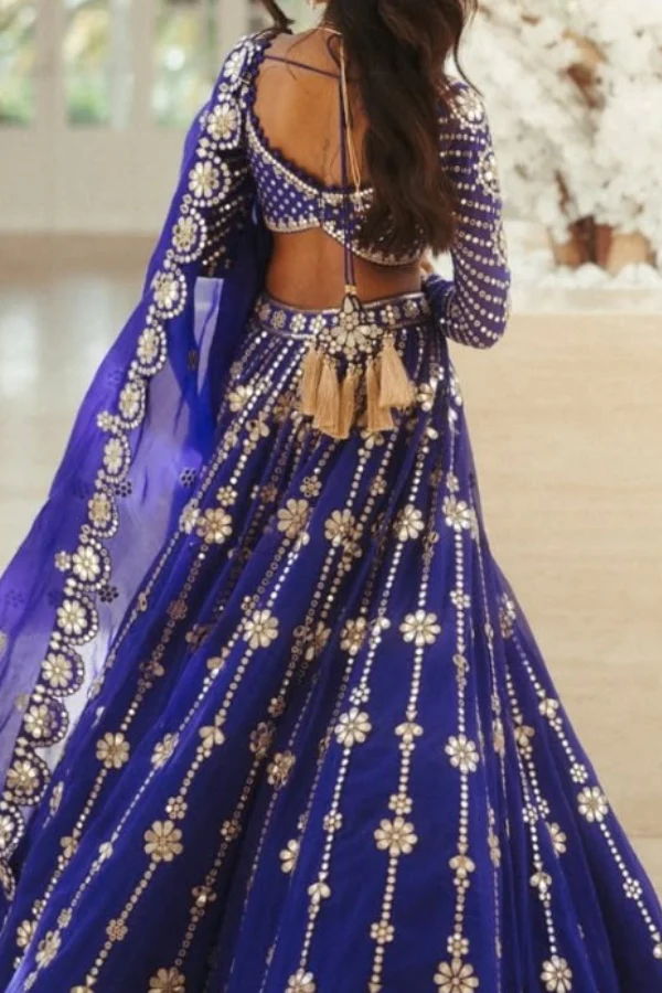 Vani Vats Royal Blue Small Flower Linear Lehenga Set - Image 3