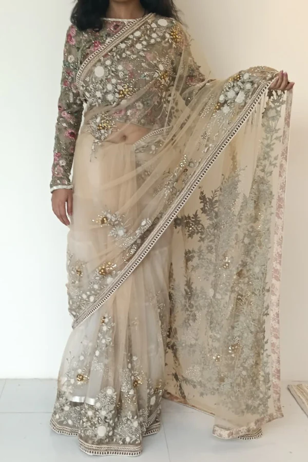 Varun Bahl Signature Beige Floral Embroidered Saree - Image 2