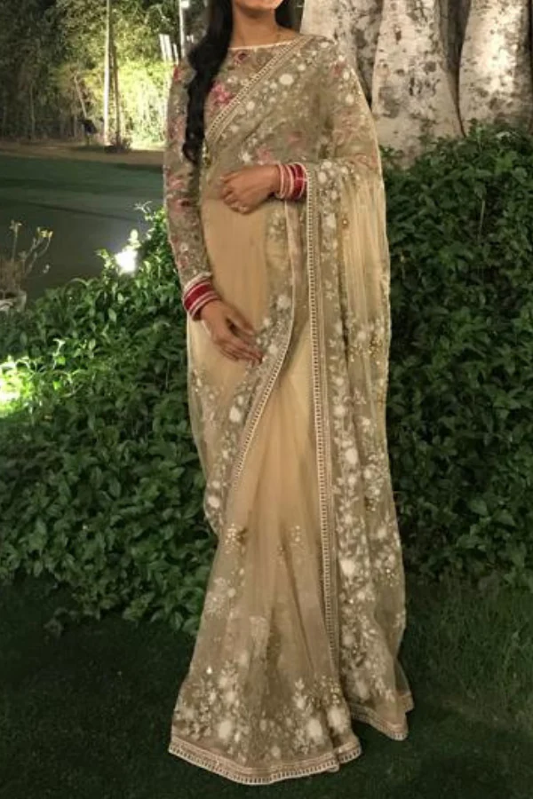 Varun Bahl Signature Beige Floral Embroidered Saree - Image 3