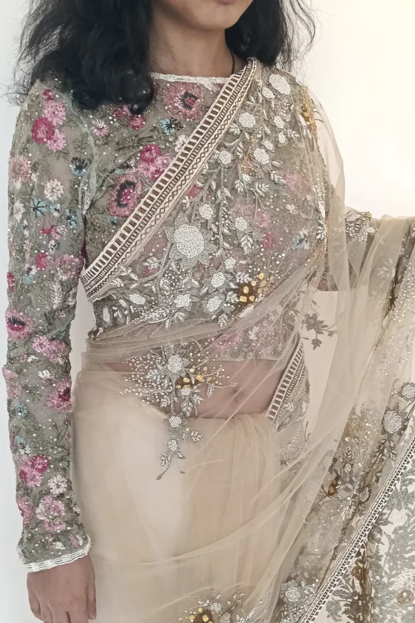 Varun Bahl Signature Beige Floral Embroidered Saree - Image 5