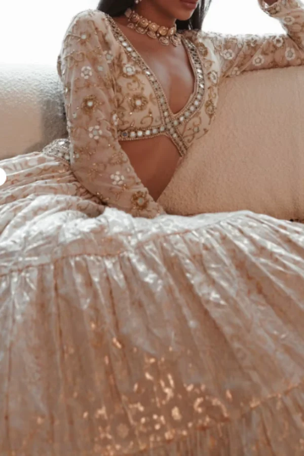 White and Gold Chanderi Lehenga Set - Image 3