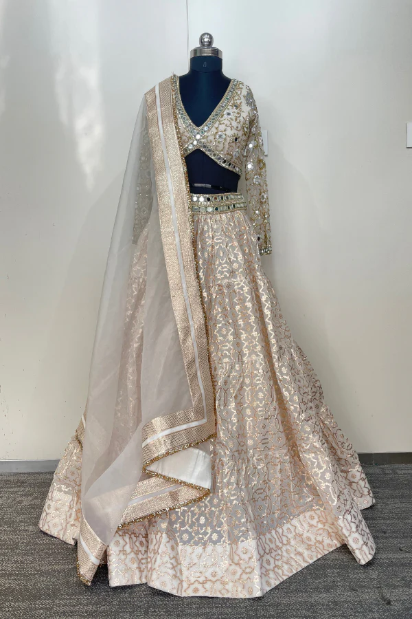 White and Gold Chanderi Lehenga Set - Image 4