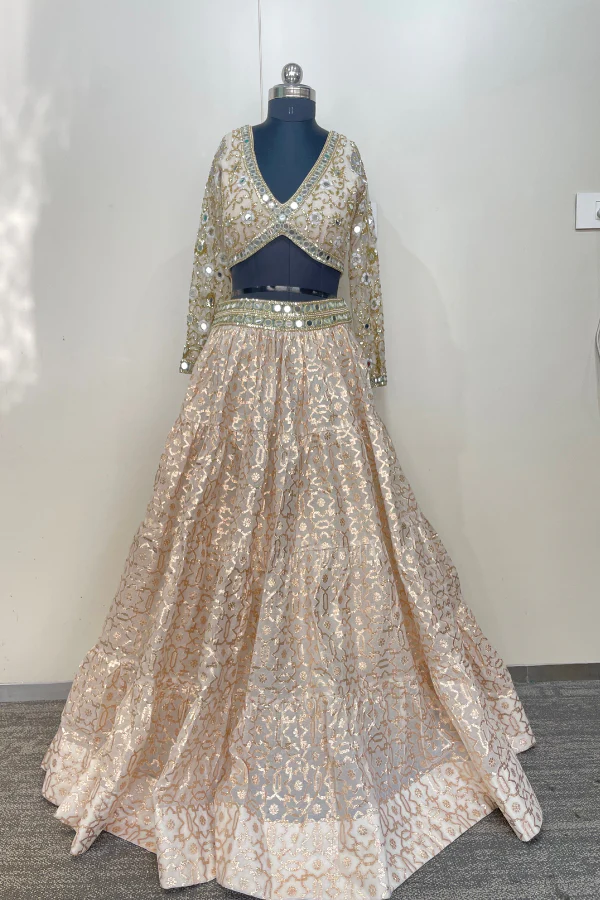 White and Gold Chanderi Lehenga Set - Image 5