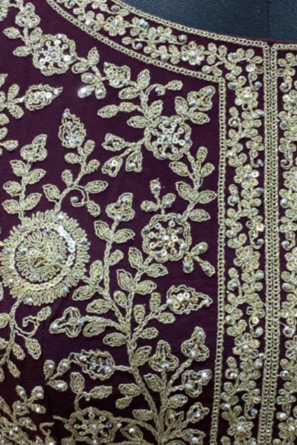 WINE SEQUINS AND SILVER ZARI LEHENGA SET - Image 3