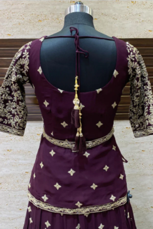 WINE SEQUINS AND SILVER ZARI LEHENGA SET - Image 4