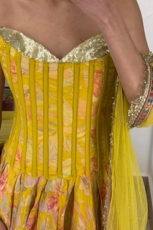 Yellow Sequinned Corset  Lehenga Set - Image 2