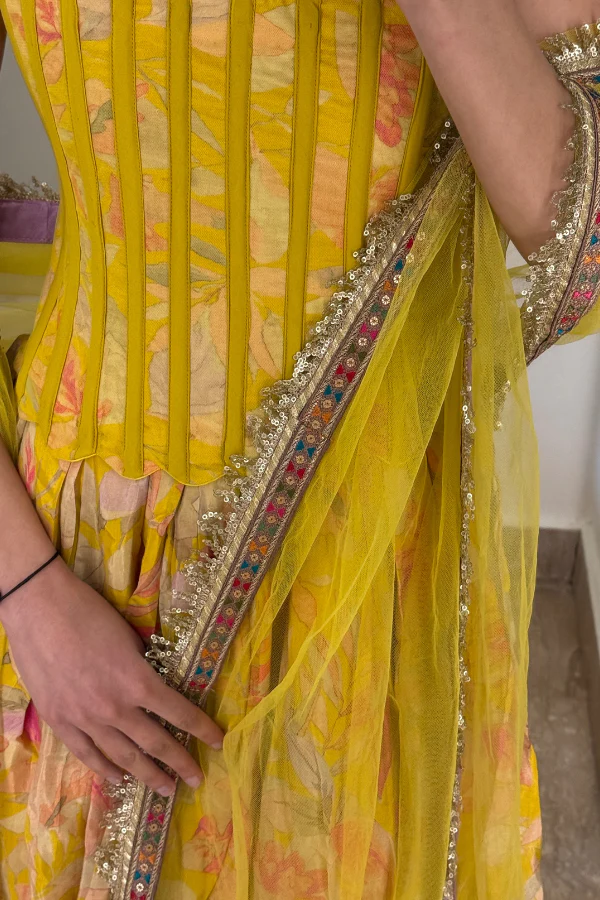 Yellow Sequinned Corset  Lehenga Set - Image 3