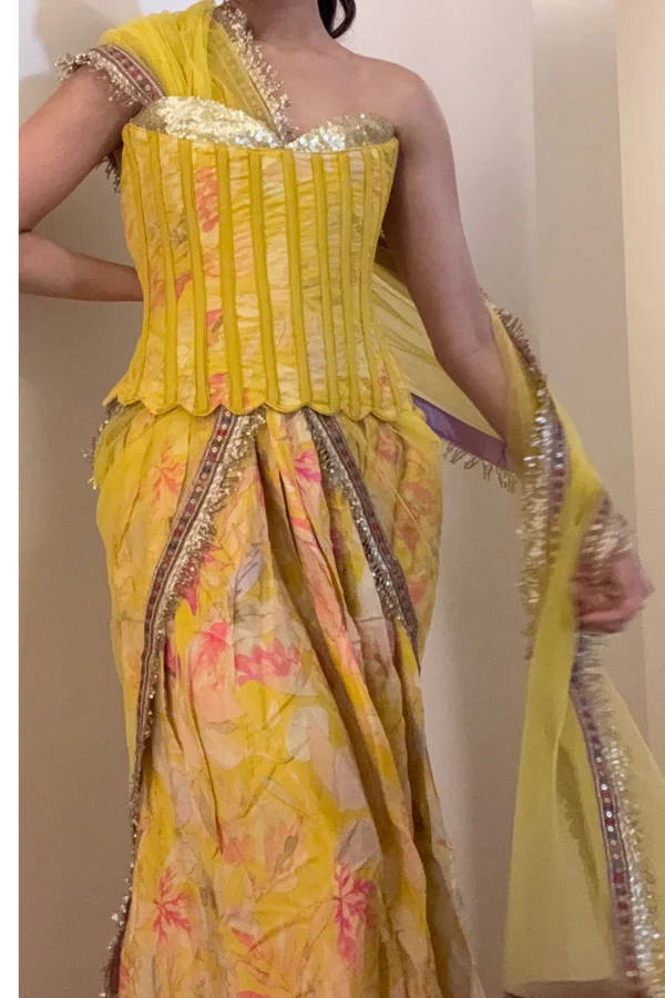 Yellow Sequinned Corset  Lehenga Set - Image 4